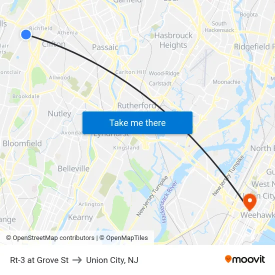 Rt-3 at Grove St to Union City, NJ map