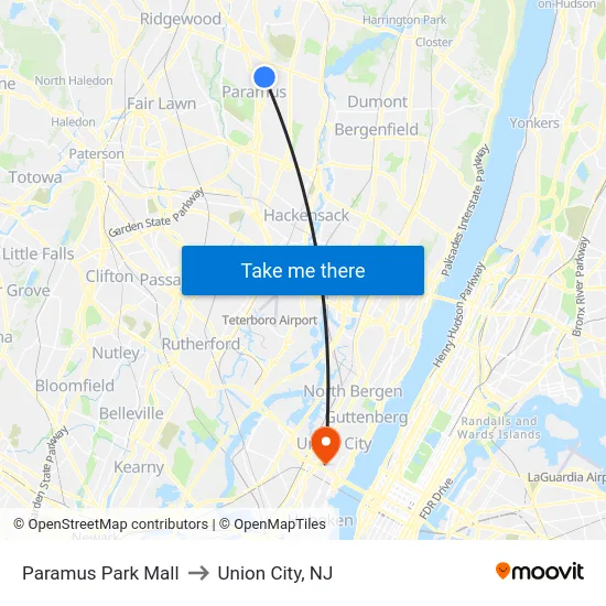 Paramus Park Mall to Union City, NJ map