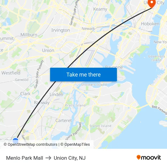 Menlo Park Mall to Union City, NJ map