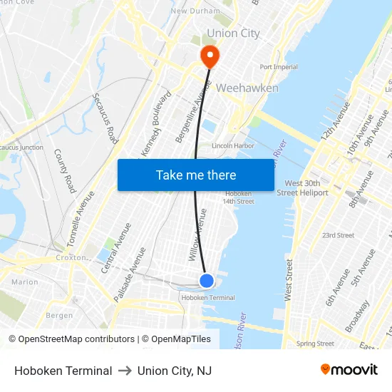 Hoboken Terminal to Union City, NJ map