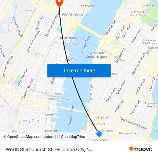 Worth St at Church St to Union City, NJ map