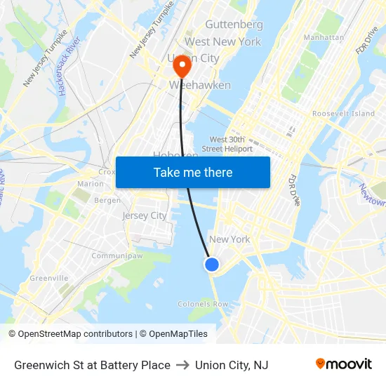 Greenwich St at Battery Place to Union City, NJ map