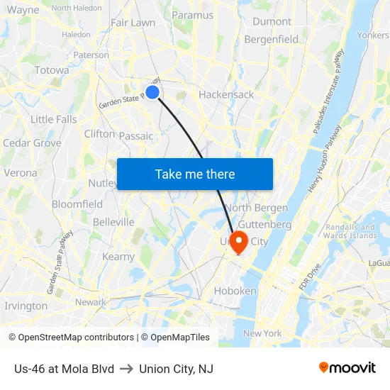 Us-46 at Mola Blvd to Union City, NJ map