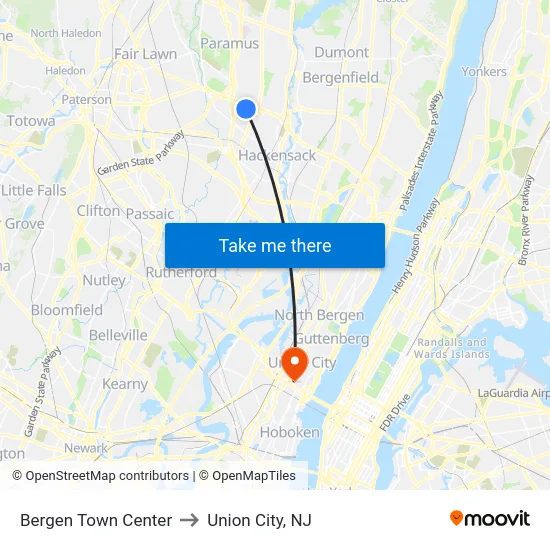Bergen Town Center to Union City, NJ map