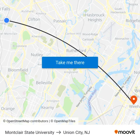 Montclair State University to Union City, NJ map