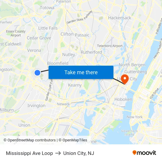 Mississippi Ave Loop to Union City, NJ map