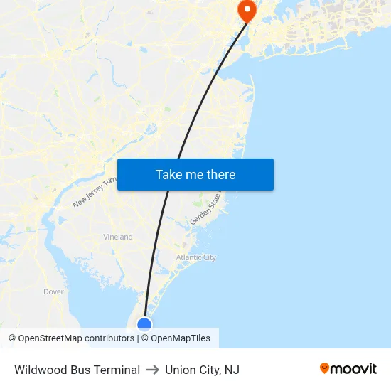 Wildwood Bus Terminal to Union City, NJ map
