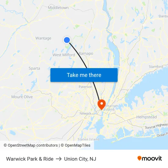 Warwick Park & Ride to Union City, NJ map