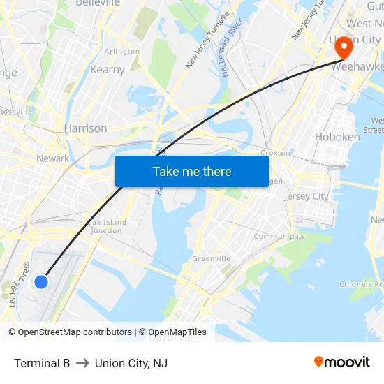 Terminal B to Union City, NJ map
