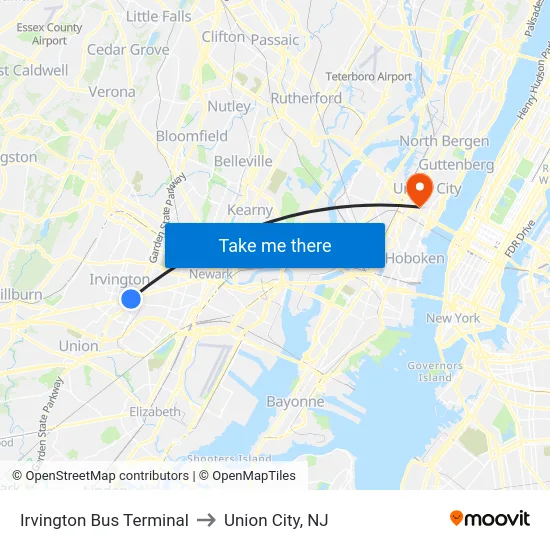 Irvington Bus Terminal to Union City, NJ map