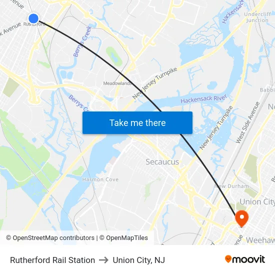 Rutherford Rail Station to Union City, NJ map