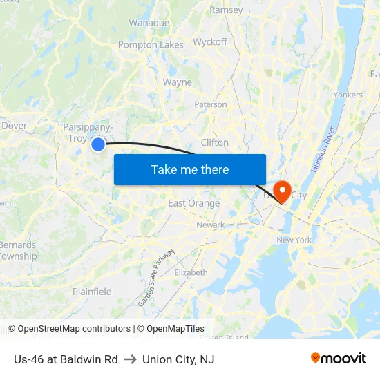 Us-46 at Baldwin Rd to Union City, NJ map