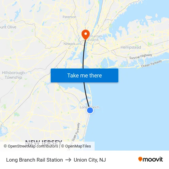 Long Branch Rail Station to Union City, NJ map