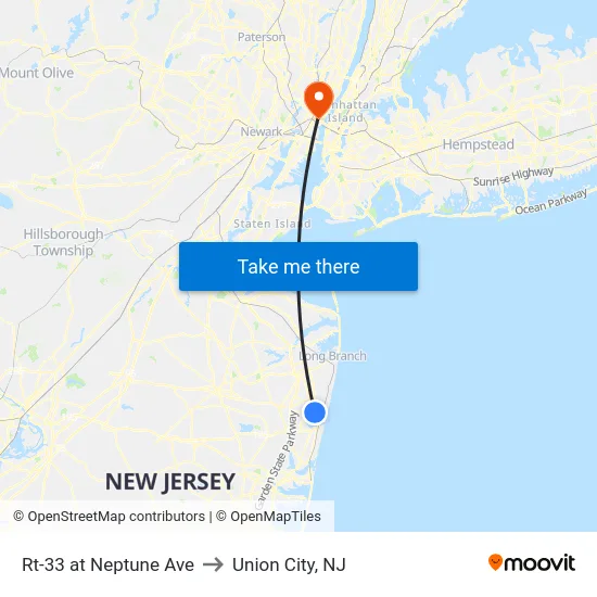 Rt-33 at Neptune Ave to Union City, NJ map