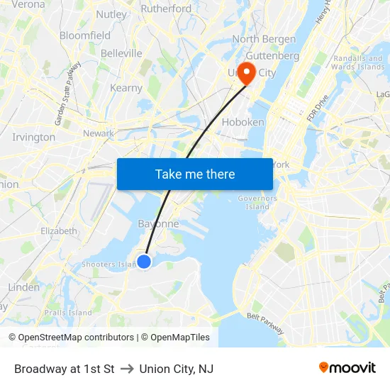 Broadway at 1st St to Union City, NJ map