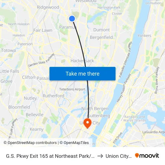 G.S. Pkwy Exit 165 at Northeast Park/Ride Lot to Union City, NJ map