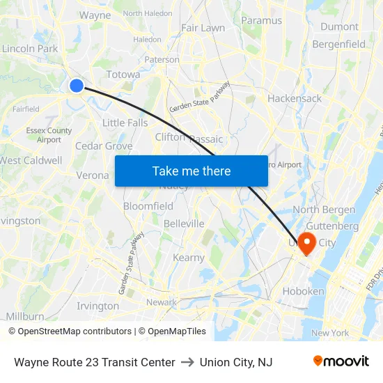 Wayne Route 23 Transit Center to Union City, NJ map