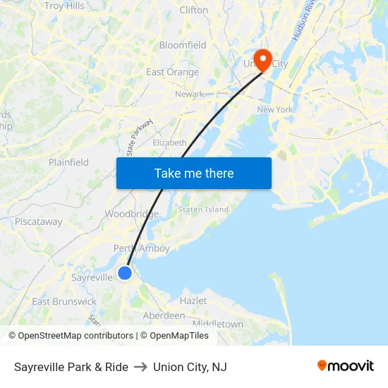 Sayreville Park & Ride to Union City, NJ map