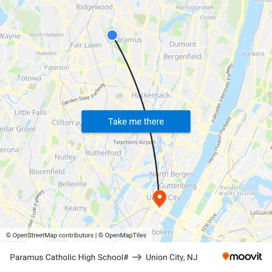 Paramus Catholic High School# to Union City, NJ map