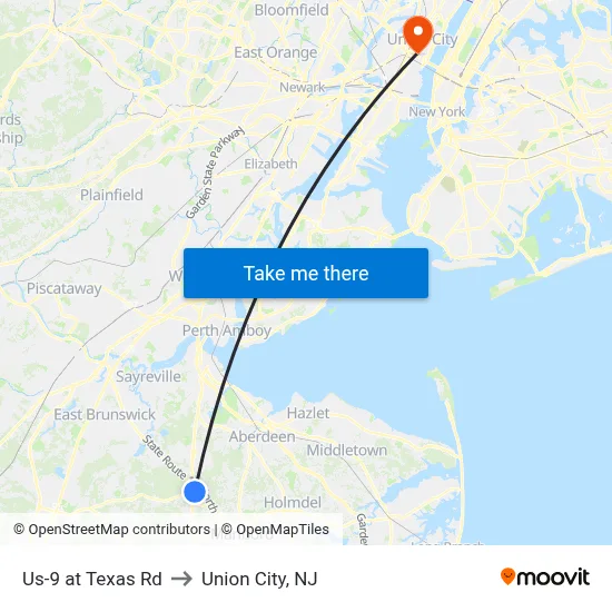 Us-9 at Texas Rd to Union City, NJ map