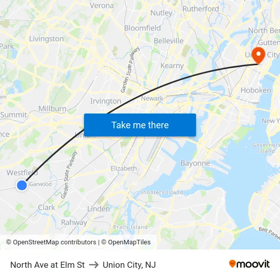 North Ave at Elm St to Union City, NJ map