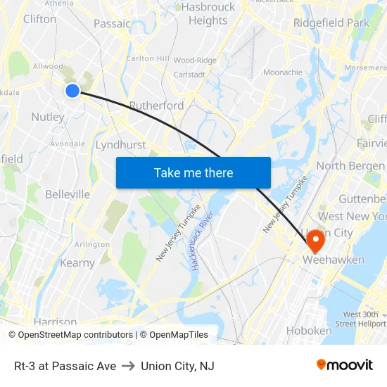 Rt-3 at Passaic Ave to Union City, NJ map