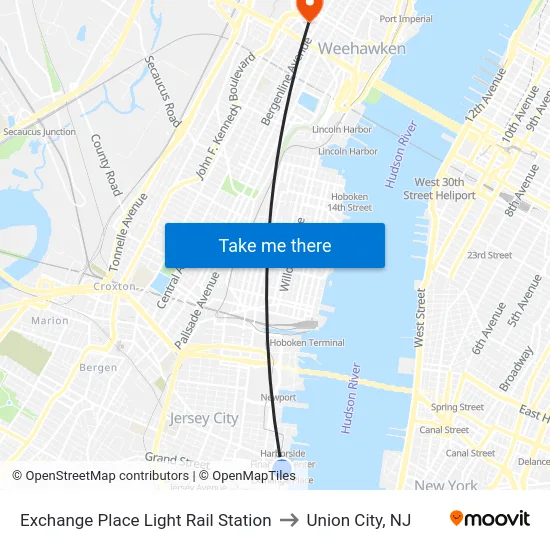 Exchange Place Light Rail Station to Union City, NJ map