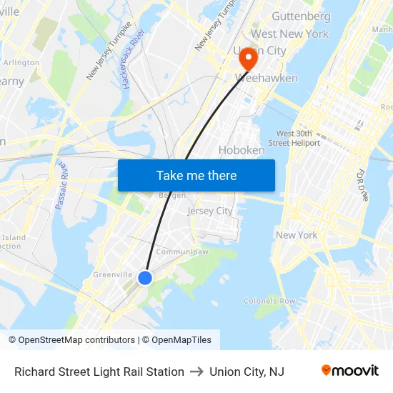 Richard Street Light Rail Station to Union City, NJ map