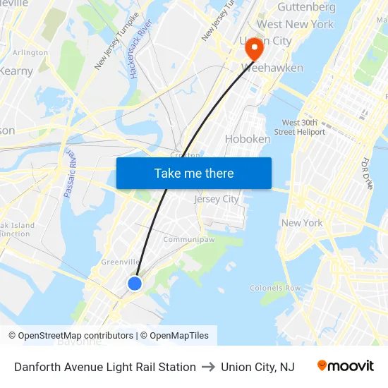 Danforth Avenue Light Rail Station to Union City, NJ map