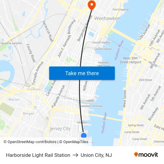 Harborside Light Rail Station to Union City, NJ map