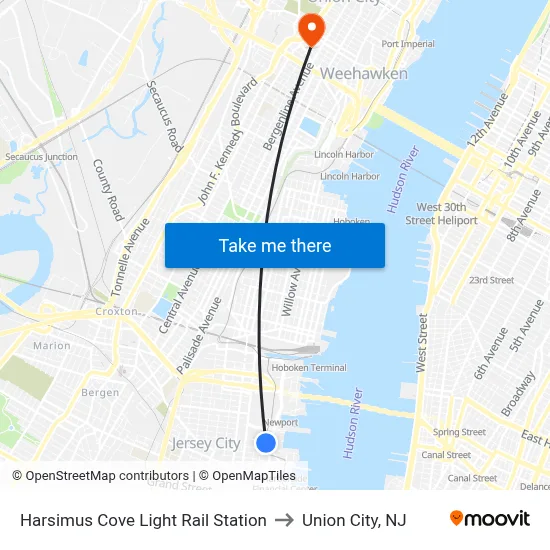 Harsimus Cove Light Rail Station to Union City, NJ map