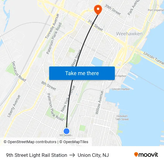9th Street Light Rail Station to Union City, NJ map