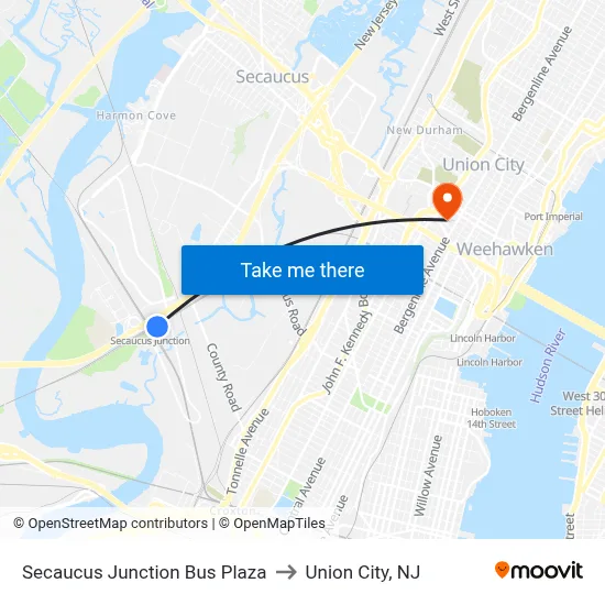 Secaucus Junction Bus Plaza to Union City, NJ map