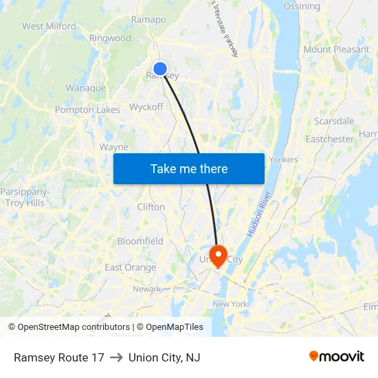 Ramsey Route 17 to Union City, NJ map