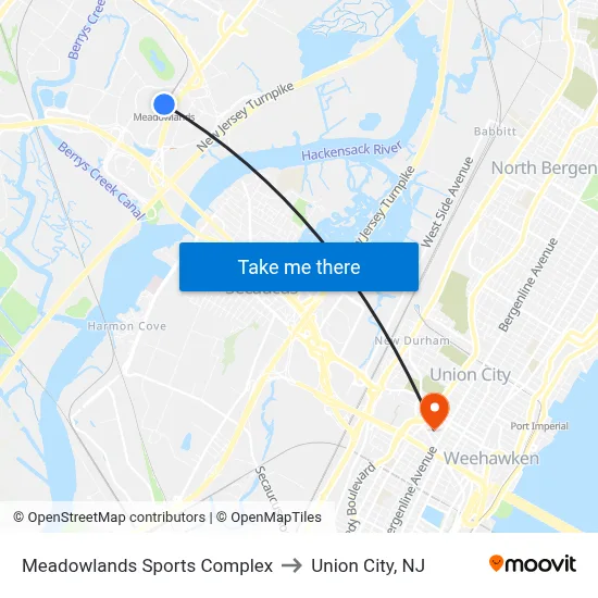 Meadowlands Sports Complex to Union City, NJ map