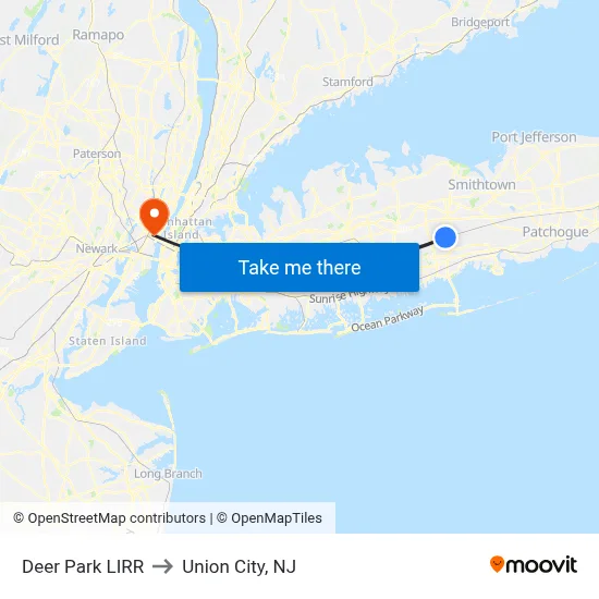 Deer Park LIRR to Union City, NJ map