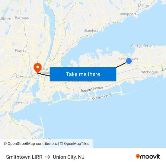 Smithtown LIRR to Union City, NJ map
