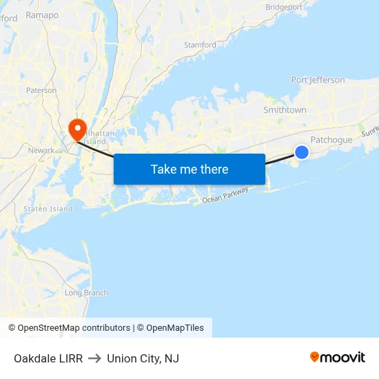 Oakdale LIRR to Union City, NJ map