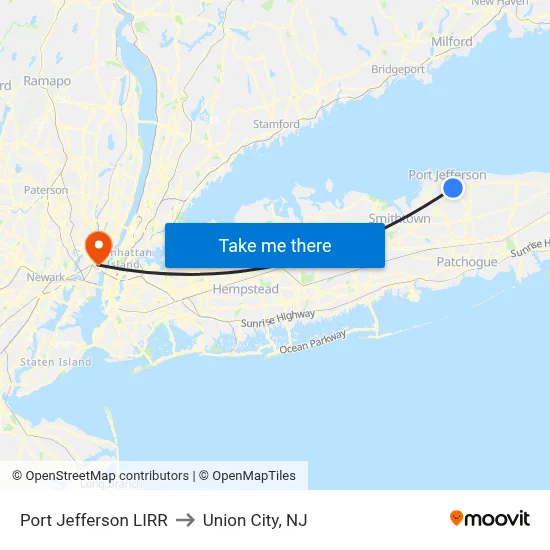 Port Jefferson LIRR to Union City, NJ map