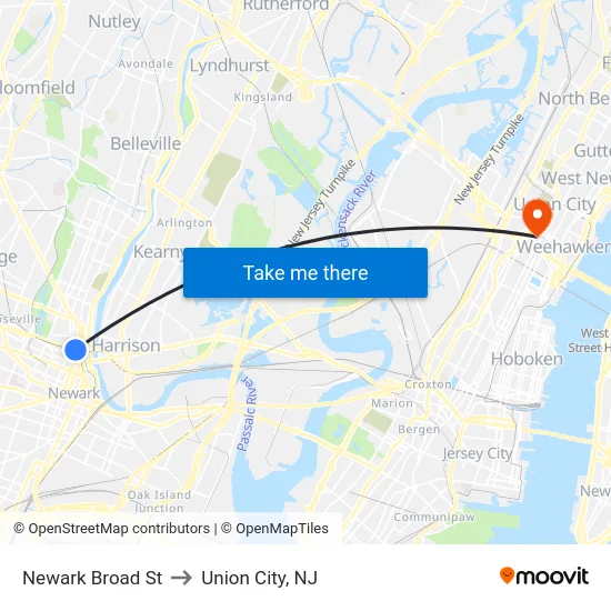 Newark Broad St to Union City, NJ map