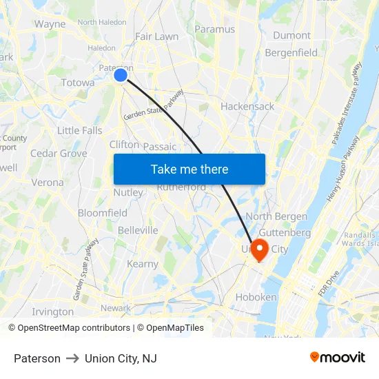 Paterson to Union City, NJ map