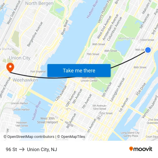 96 St to Union City, NJ map