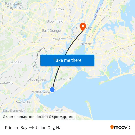 Prince's Bay to Union City, NJ map