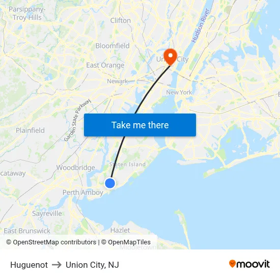 Huguenot to Union City, NJ map