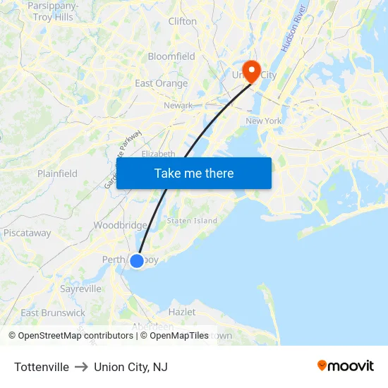 Tottenville to Union City, NJ map