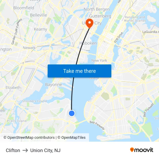 Clifton to Union City, NJ map