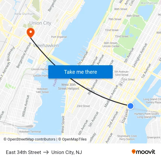 East 34th Street to Union City, NJ map