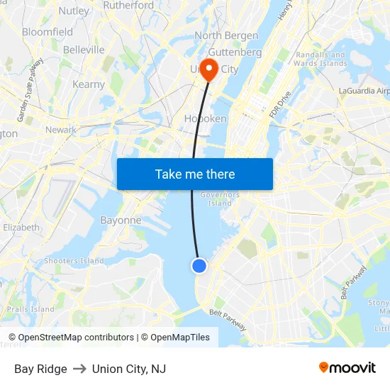 Bay Ridge to Union City, NJ map