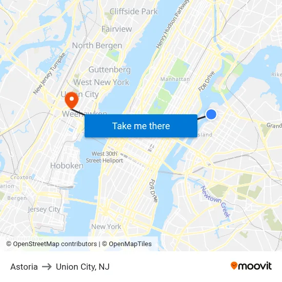 Astoria to Union City, NJ map