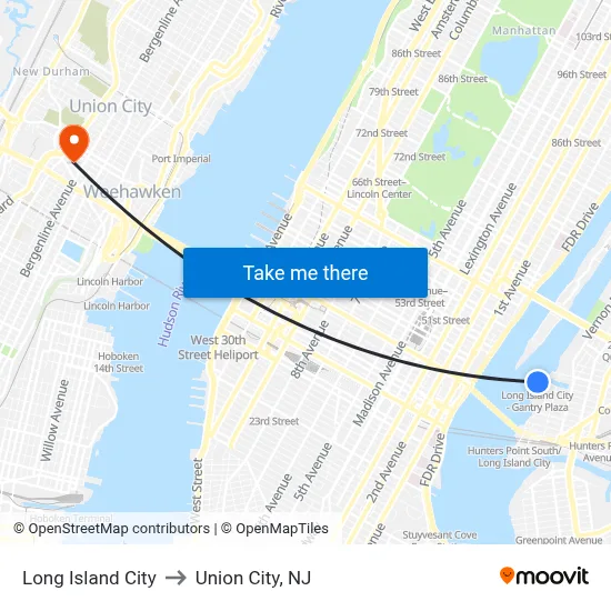 Long Island City to Union City, NJ map